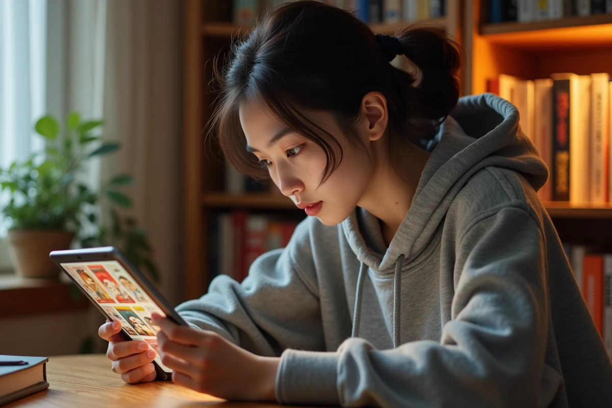 Jeune femme lisant un webtoon sur une tablette dans un coin lecture confortable entouré de mangas