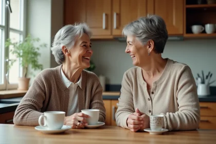 Femme mature et jeune femme discutent dans une cuisine chaleureuse