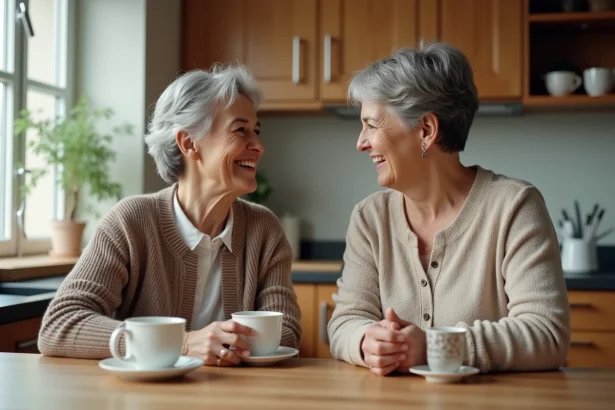 Femme mature et jeune femme discutent dans une cuisine chaleureuse