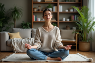 Femme méditant dans un salon cosy et végétal