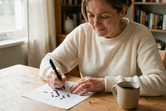 Femme remplissant une grille de mots fléchés facile à la table de cuisine avec un stylo bille noir