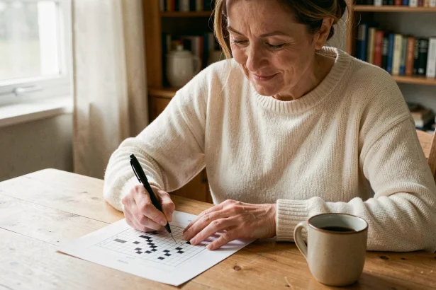Femme remplissant une grille de mots fléchés facile à la table de cuisine avec un stylo bille noir