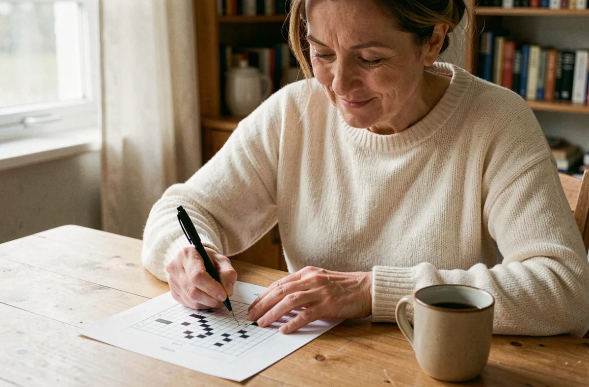 Femme remplissant une grille de mots fléchés facile à la table de cuisine avec un stylo bille noir