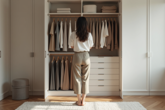 Femme choisissant des vêtements dans un placard minimaliste