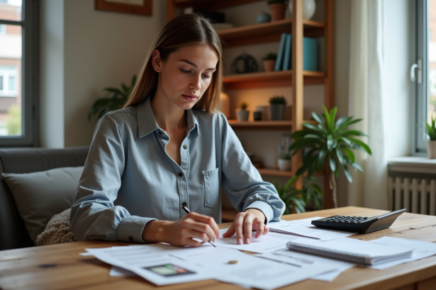 Jeune femme organise ses factures et pièces de monnaie