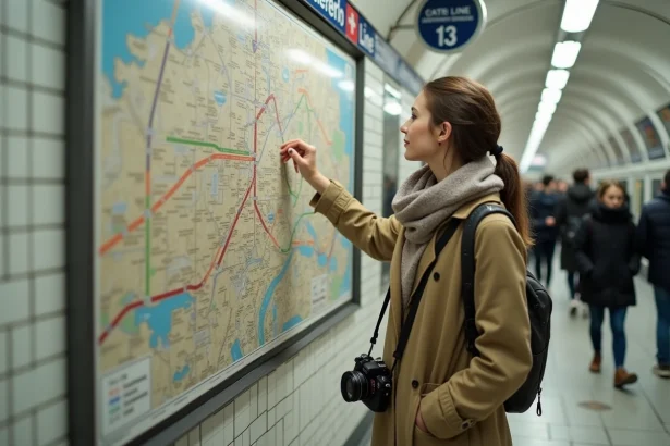 Jeune femme vérifiant un plan du métro parisien dans la station