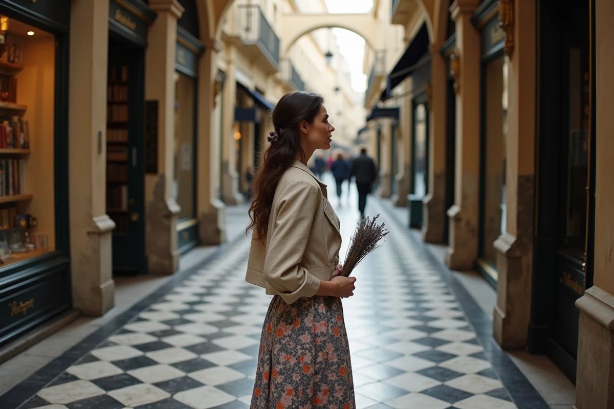 Femme élégante attendant dans un passage couvert parisien historique avec un bouquet de lavande séchée