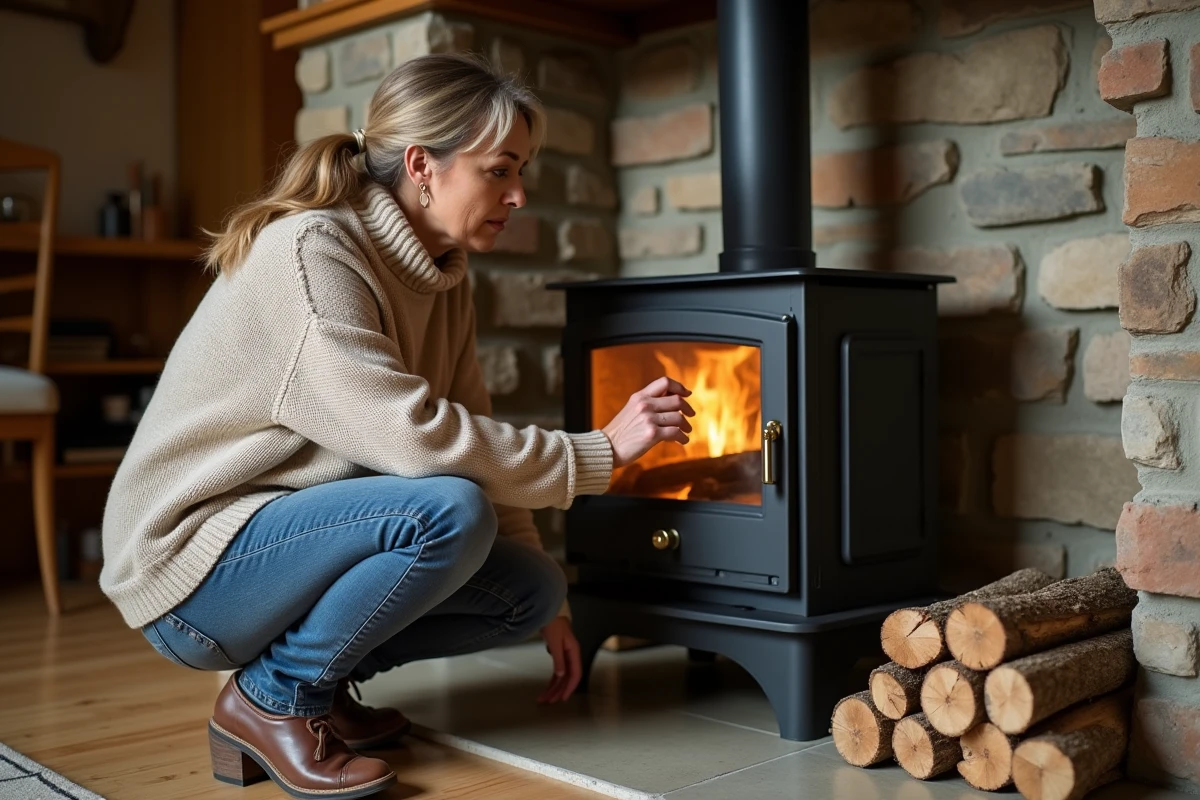 Femme examinant un poêle à bois moderne en fonte dans un salon rustique rénové avec parquet chêne et murs en pierre