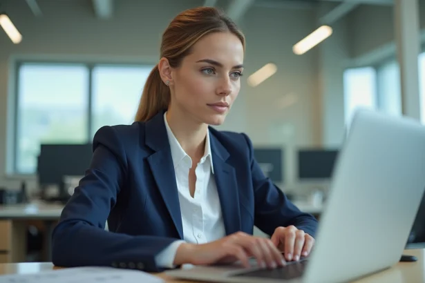 Femme professionnelle assise au bureau en pleine concentration