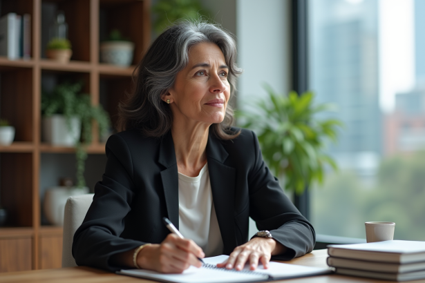 Femme d'âge moyen au bureau avec regard déterminé