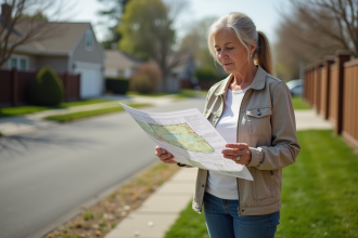 Femme cherchant un terrain à bâtir dans un quartier résidentiel
