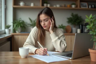 Jeune femme pensant avec test de personnalité sur la table