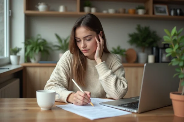 Jeune femme pensant avec test de personnalité sur la table