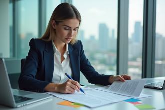 Femme en revue de projets d'innovation dans un bureau moderne