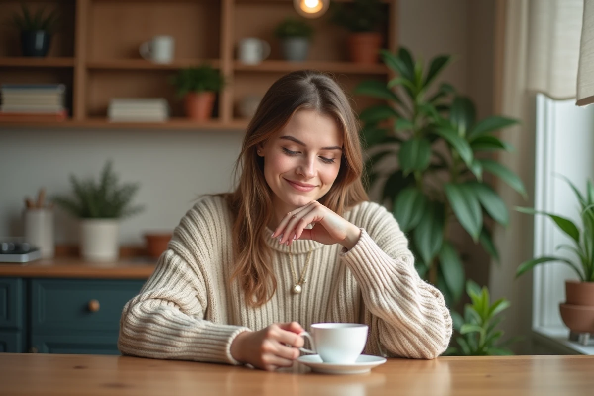 Jeune femme souriante avec tasse de thé dans un intérieur cosy