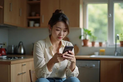 Femme dans une cuisine moderne regardant son téléphone avec l'heure 18h18
