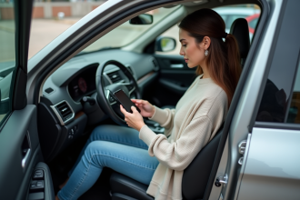 Femme en voiture utilisant une appli de covoiturage