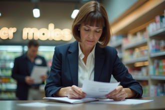 Femme d'âge moyen vérifiant un chéquier au supermarché