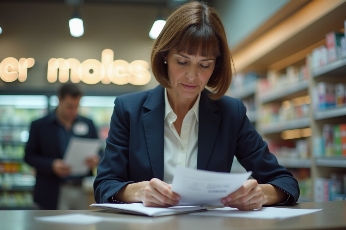 Femme d'âge moyen vérifiant un chéquier au supermarché