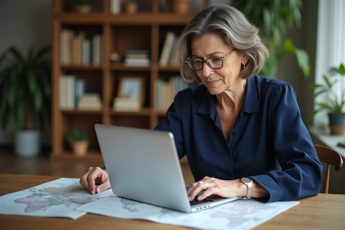 Femme comparant des cartes de fuseaux horaires à la maison