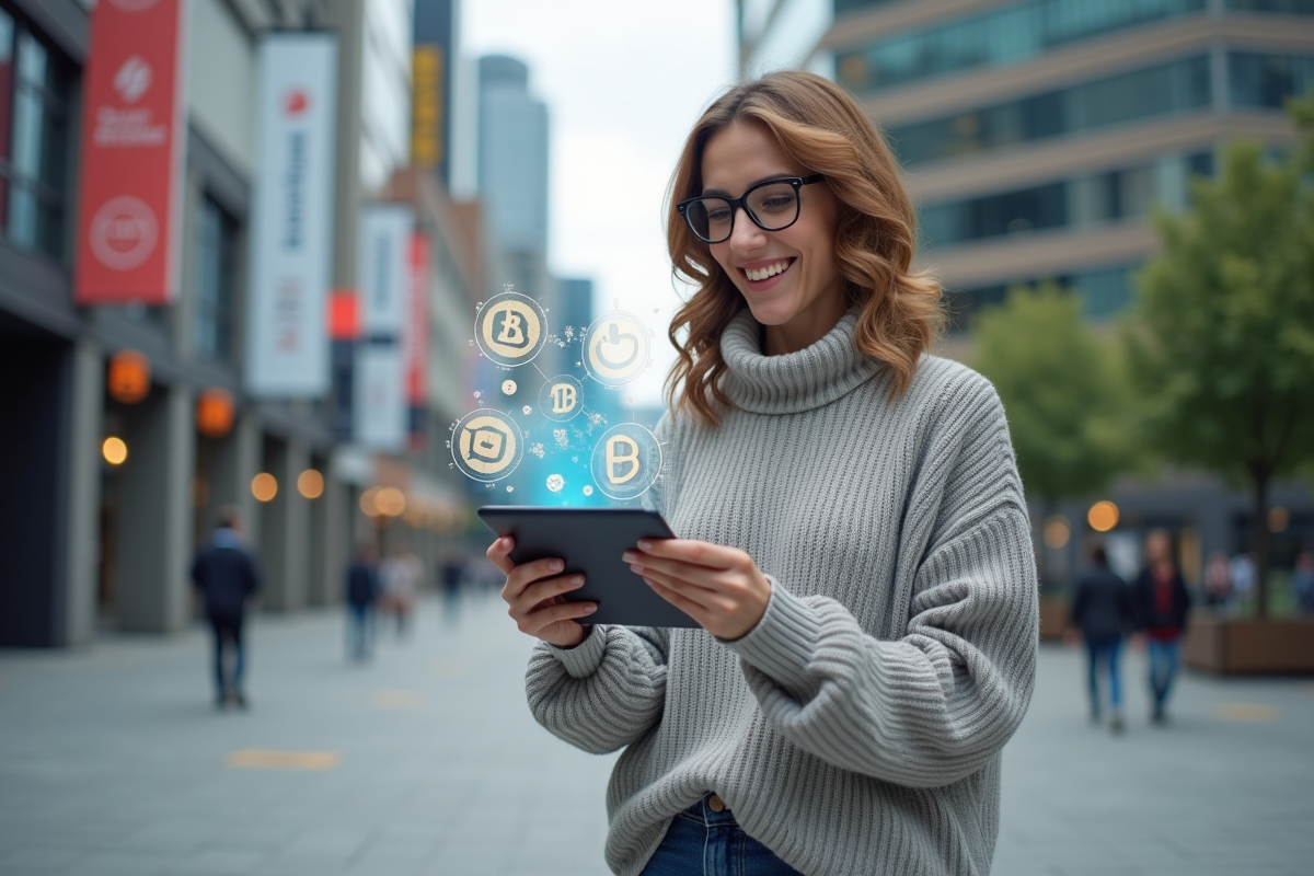Femme souriante utilisant une tablette avec des symboles crypto en ville