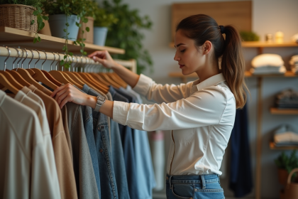 Jeune femme dans une boutique écologique avec vêtements durables