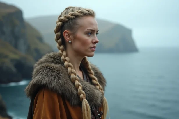 Femme viking guerrière aux tresses blondes ornées de métal, debout sur une côte rocheuse scandinave brumeuse, incarnant la figure légendaire de Lagertha