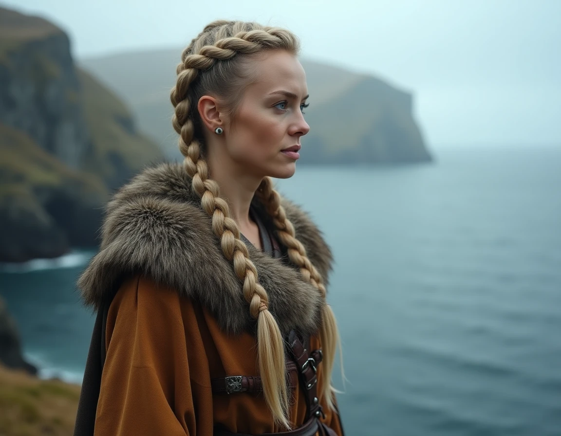 Femme viking guerrière aux tresses blondes ornées de métal, debout sur une côte rocheuse scandinave brumeuse, incarnant la figure légendaire de Lagertha