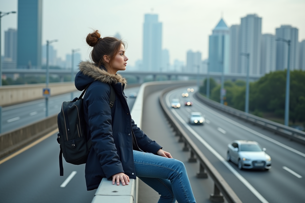 Jeune femme regardant la ville et l