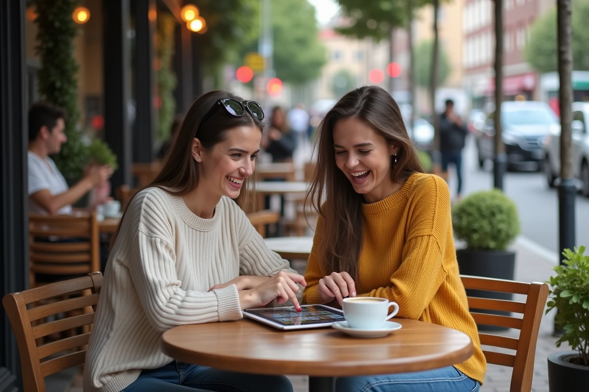 Deux femmes regardant un tableau de résultats Keno sur une tablette en extérieur
