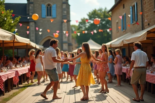 Groupe de villageois dansant sur une place de village lors d'une fête traditionnelle française avec guinguette et lampions colorés
