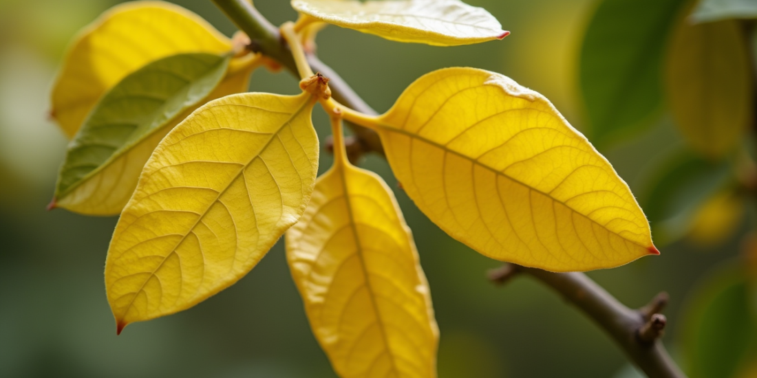 Gros plan de feuilles jaunes sur un limonier en lumière naturelle