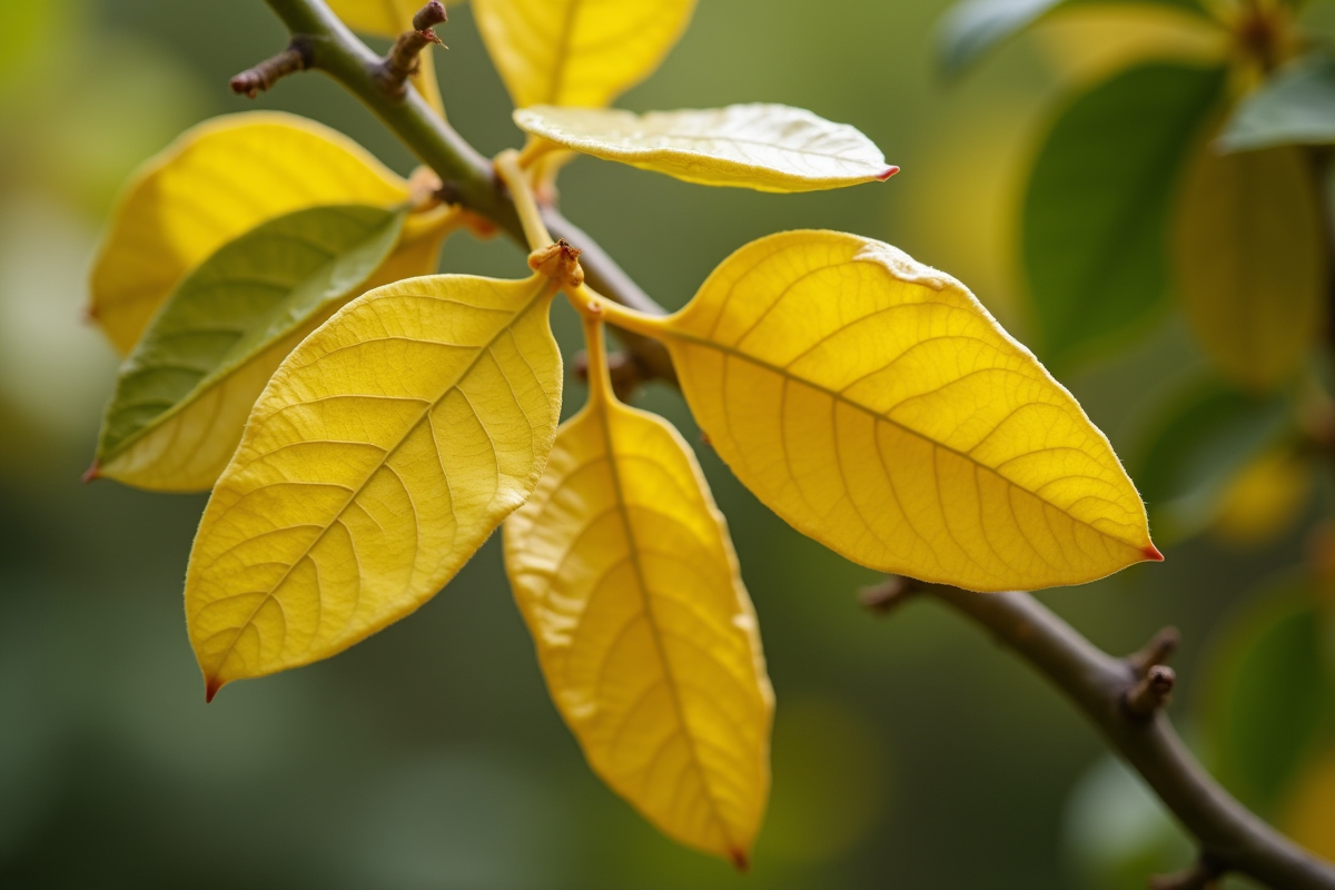 Gros plan de feuilles jaunes sur un limonier en lumière naturelle