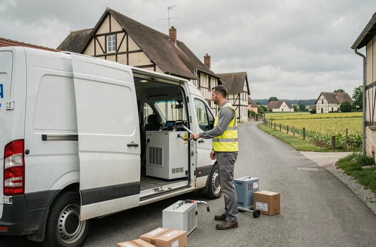 Technicien Fismes Plomberie Chauffage déchargeant du matériel de chauffage dans le nord-ouest de la Marne