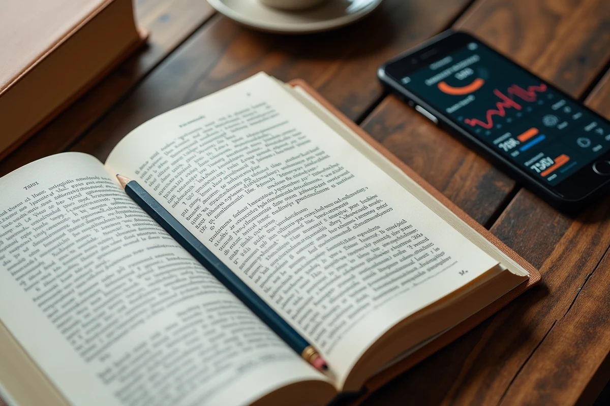 Flat lay éditorial avec un roman autoédité, un carnet de notes manuscrites et un smartphone affichant des statistiques de vente KDP Amazon, sur une table en chêne rustique