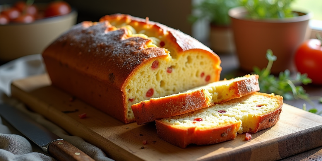 Gâteau de chorizo et chèvre tranché sur planche en bois