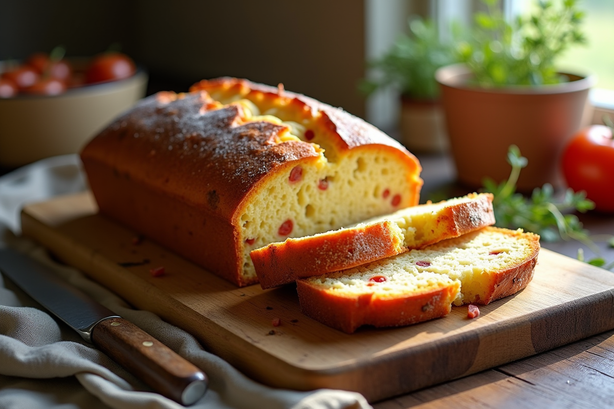 Gâteau de chorizo et chèvre tranché sur planche en bois