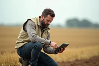 Géomètre consultant un convertisseur de m2 en hectares sur tablette dans un champ agricole
