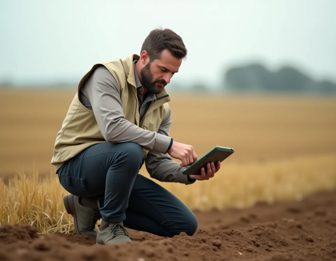 Géomètre consultant un convertisseur de m2 en hectares sur tablette dans un champ agricole