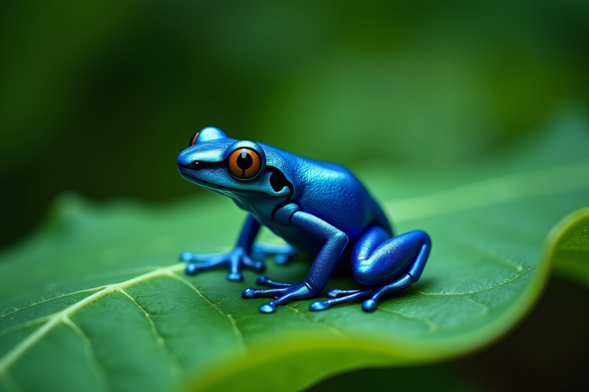 Grenouille dard bleu sur une feuille verte en forêt