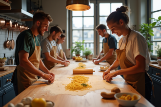Groupe d'amis préparant des pâtes fraîches dans une cuisine parisienne