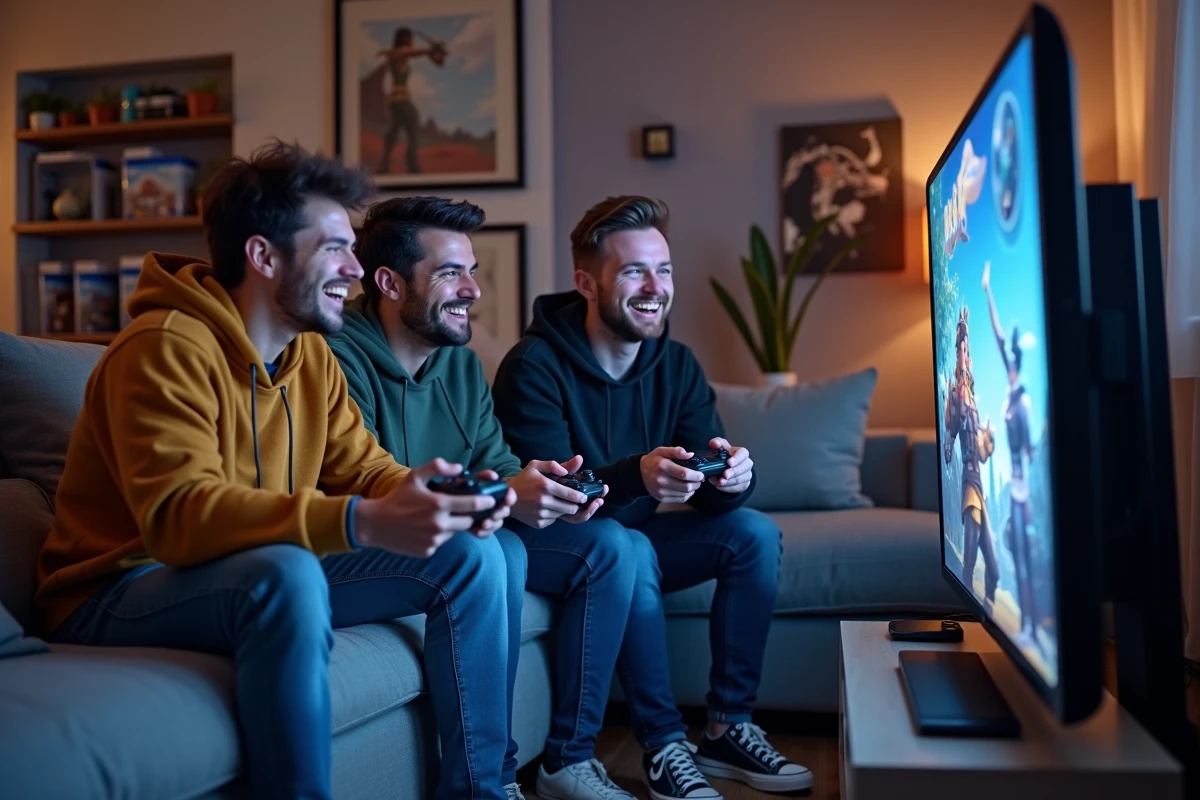 Groupe d'amis jouant ensemble à un jeu de quête en coopération sur console