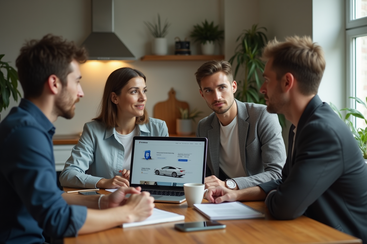 Groupe de trois personnes discutant de covoiturage à la maison