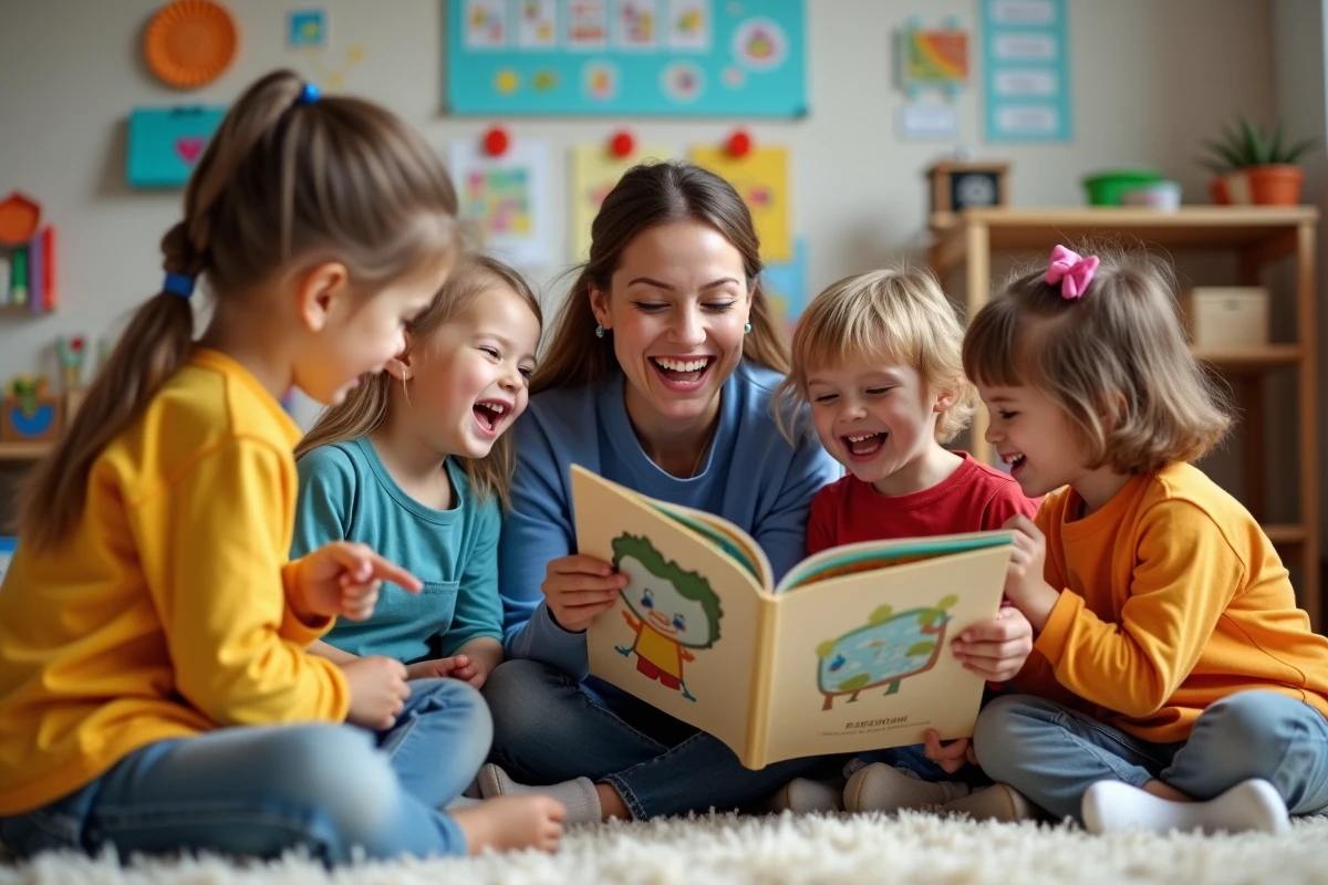 Enfants de maternelle rieurs regardant un livre