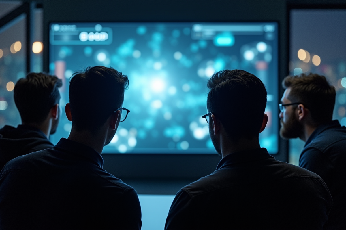 Groupe de passionnes tech observant un grand écran 1440p