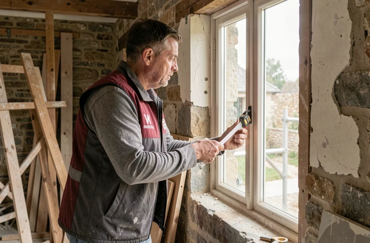 Technicien d'Habitations Rénovation Services mesurant un encadrement de fenêtre dans une maison bretonne en rénovation