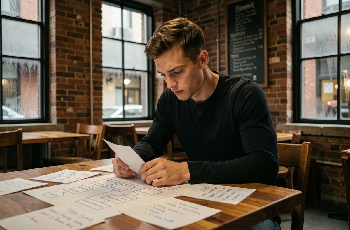Homme étudiant un schéma de hiérarchie organisationnelle inspiré de la Brigade Fantôme de HxH dans un café