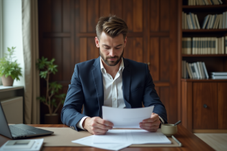 Homme d'affaires en costume bleu examine des contrats de location