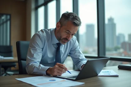 Homme d'affaires en réunion de finances dans un bureau moderne