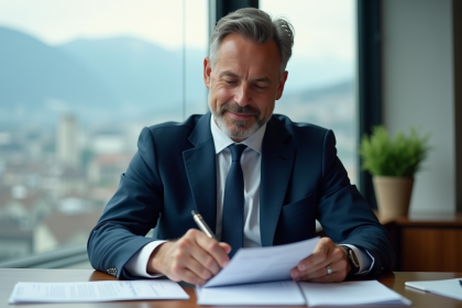 Homme d'affaires suisse examine documents dans un bureau